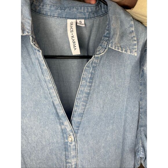 Grace + Karma | women denim button down dress puff sleeves - Picture 2 of 11